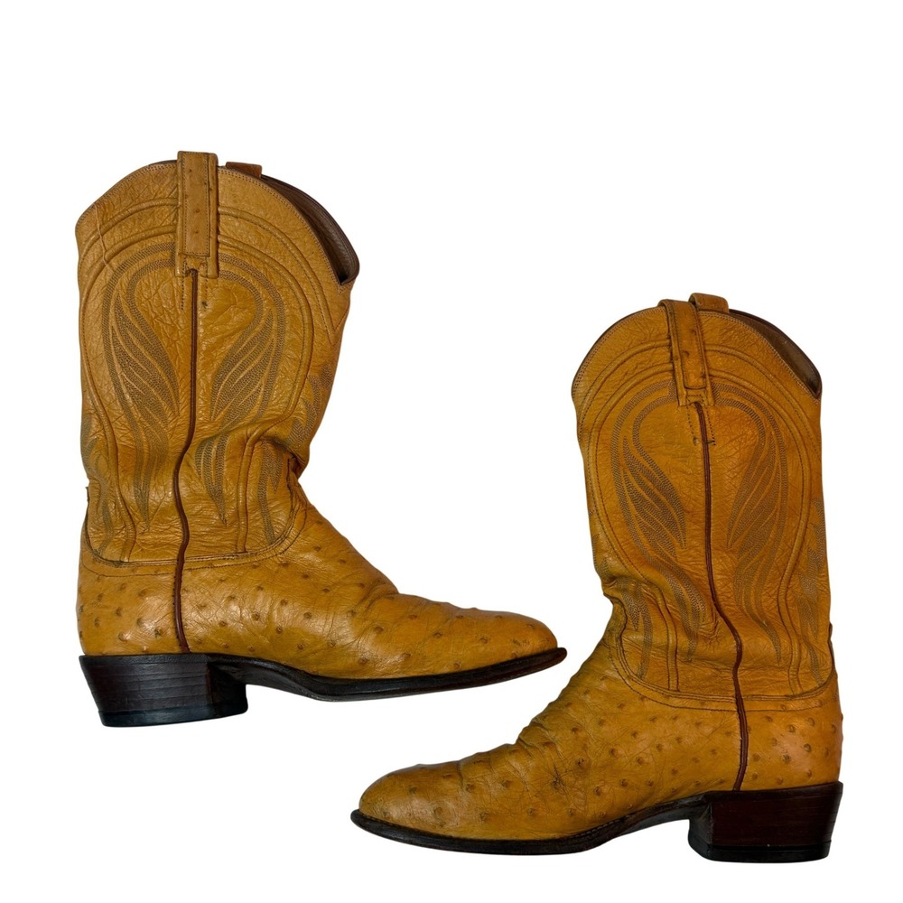 Lucchese Ostrich‎ Cowboy Boots Mens 8.5 Tan Honey Western Snip Toe Vintage USA